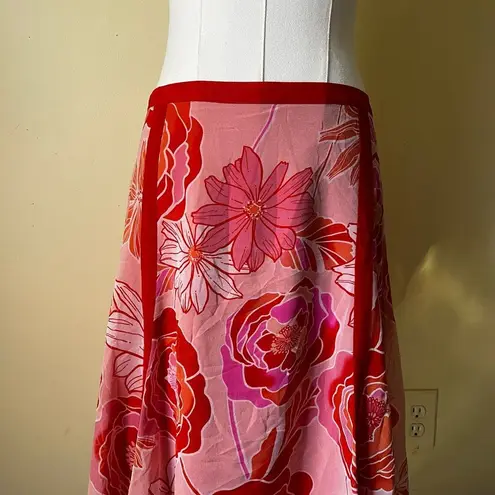 Vintage Y2K 100% Silk Handkerchief Hem Skirt Size 4 Red & Pink Floral