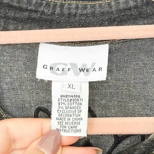 Graff Wear Denim Jacket Women's XL Black Floral Embellished Button Up Casual Gray