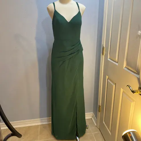 Azazie Leo Bridesmaid Dress Dark Green Formal Gown Ruched Slit Prom Award A6 NWT
