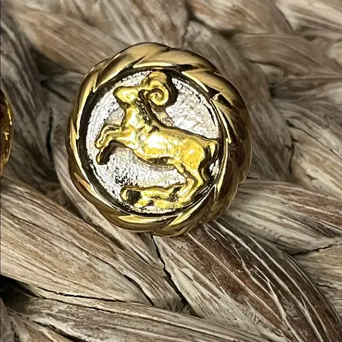 Gold Tone Zodiac Aries Ram Clip Earrings
