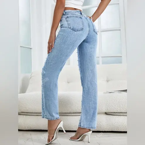 Women's Light Blue Pearl Beaded Slightly Flare Jeans