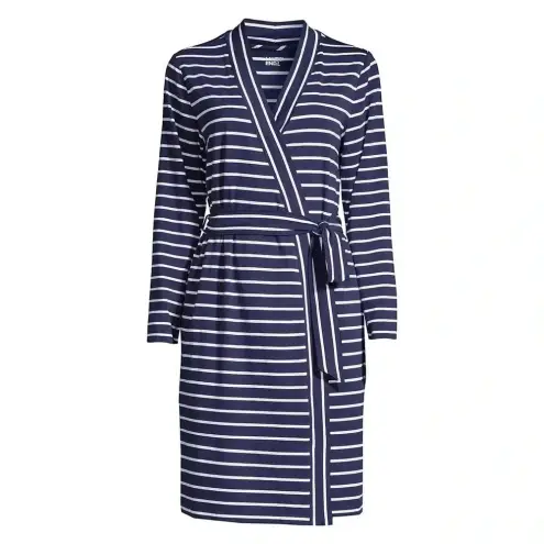 Lands' End Lands’ End Cotton Above Knee Length Robe Deep Sea Navy Stripe Plus Size 1X - 2X