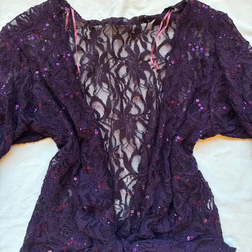 Unique Vintage Beautiful purple plum silver sequin floral lace wrap top / cardigan