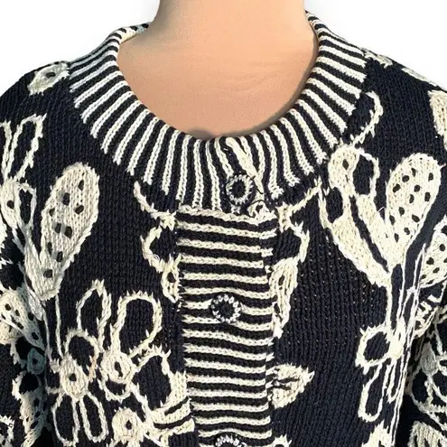 Vintage 90s Cardigan Sweater Round Neck Cropped Knit Black Oatmeal Dark Floral Size XS