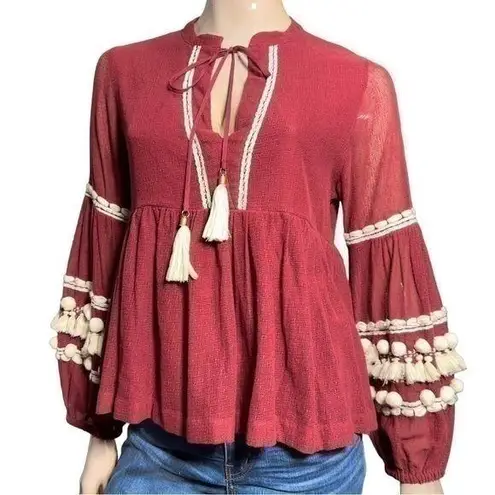 Antropologie Vineet Bahl Size S Burgundy White Nisha Pom Pom Peasant Cotton Top Red