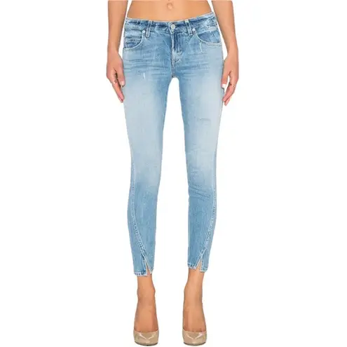Amo Twist skinny light wash distressed jeans with front slit in sweet cheeks 27
