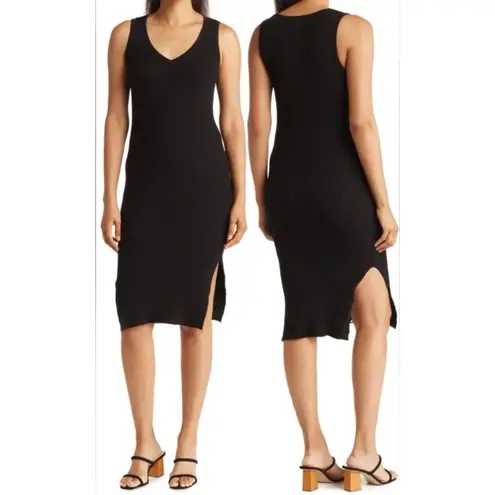 Magaschoni Black Ribbed Knit Sleeveless Midi Dress Medium Side Slit Minimalist