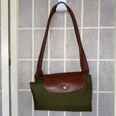 Longchamp  Le Pliage Green Leather Canvas Gorpcore Designer Tote Shopping Bag