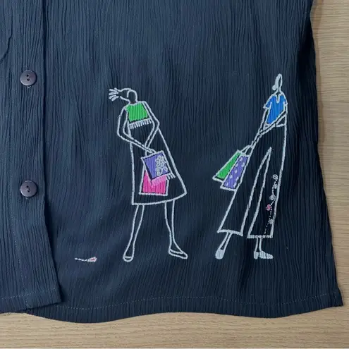 Vintage 90s Sz Black Button Up with Painted Shopping Ladies by Cité Size L