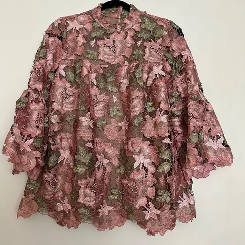 Anna Sui Anthropologie Metallic Rose Multi Floral Blouse Lace Bell Sleeve