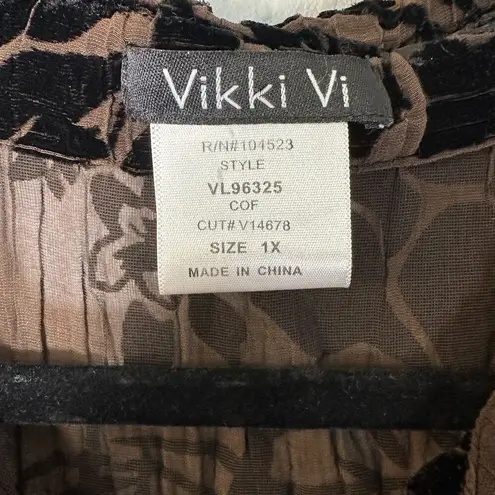 Vikki Vi Silk Velvet Burnout Blend Floral Semi Sheer Button Blouse Size 1X Brown