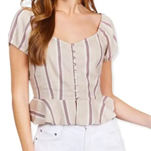 Active USA  Button Down Ruffle Hem Print Linen Blend Woven Babydoll Top