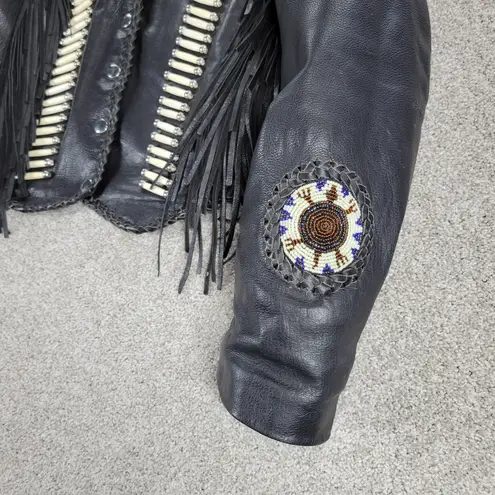 VTG Unik Leather Motorcycle Jacket Womens M Black Fringe Beaded Cropped Snaps Size M