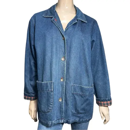 Monterey Bay Vintage Women’s M Blue Denim Plaid Flannel Lined Jean Chore Jacket Size M