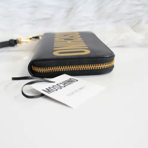 Moschino Black Gold Logo Continental Zip Around Wallet Wristlet New