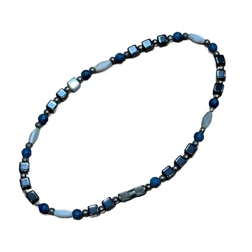 Beaded Choker Necklace Blue Hematite Boho Minimalist