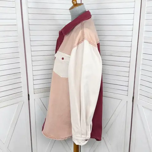 Missguided Color Block Oversized Denim Button Up Shirt Maroon Peach 8