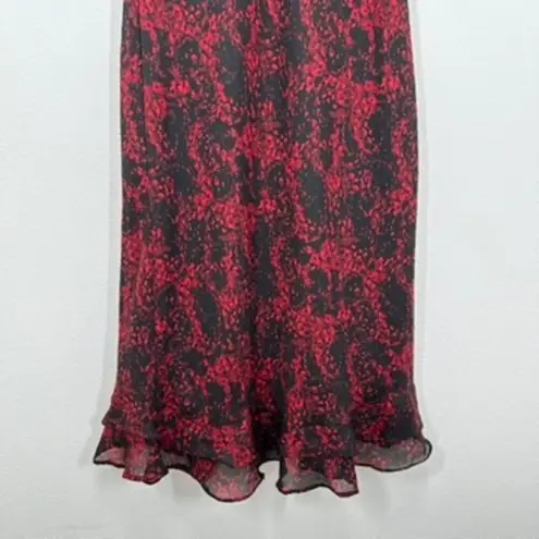 Vintage 90s Studio 1 Red Black Floral Ruffle Trim Midi Dress Grunge Indie Goth Size 10