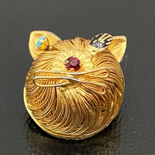 Head Vintage Unsigned Gold-tone Wired Cat CZ Stones Small Cat Brooch
