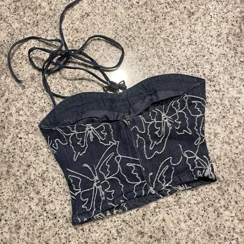 Jaded London Denim Butterfly Rhinestone Beaded Halter Lucia Corset Top