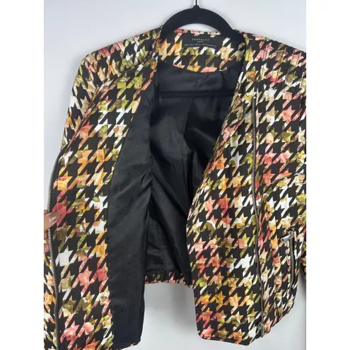 ZARA Trafaluc Floral Multicolor Houndstooth Moto Jacket Women's Small