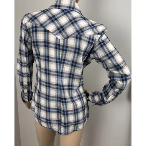 Seven7 Pleated Ruffle Blue Plaid Pearl Snap Button Front Long Sleeve Top Medium - Image 4