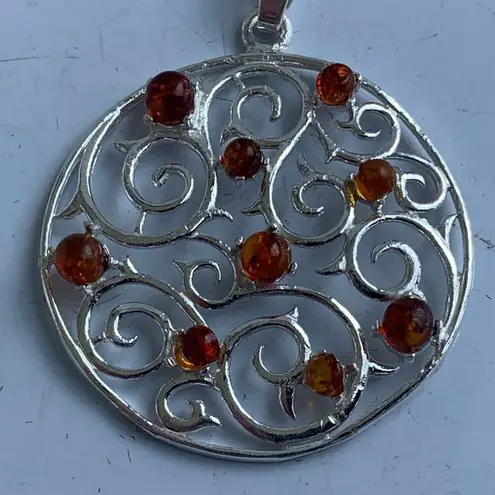 Sterling Silver Multi-Stone Baltic Amber Swirl Design Round Pendant