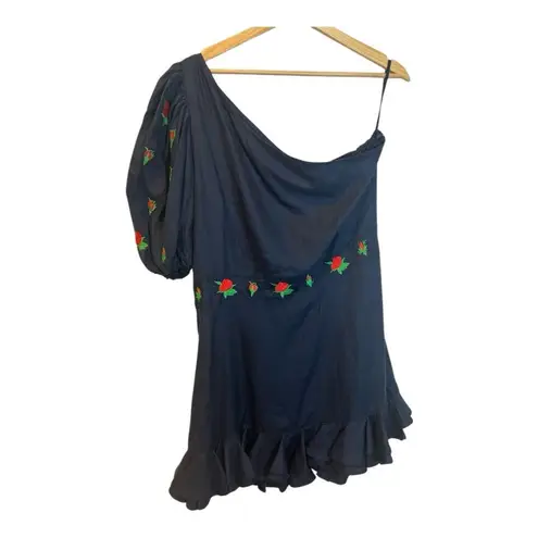 Fanm Mon Flame Size XL Mini Linen One Sleeve Ruffle Hem Floral Embroidery Dress Blue