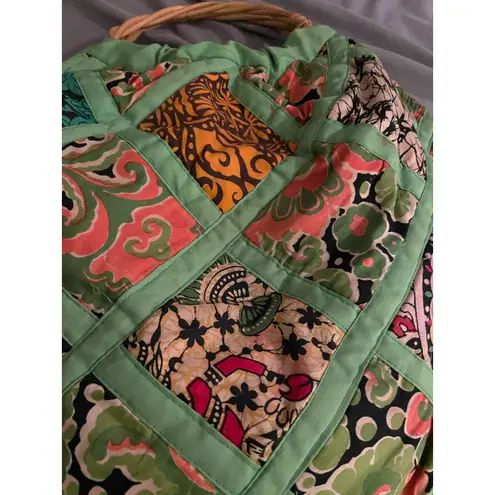 Vintage Handmade quilted patchwork hobo bag rattan handle water resistant lining Green