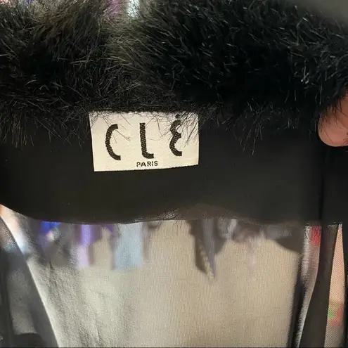 Y2K Faux Fur Collar Sheer Chiffon Tie Front Blouse Size Large Black