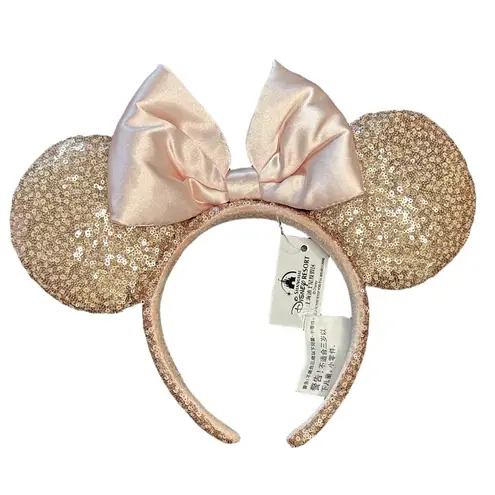 Lounge Fly Disney Rose gold sequin Minnie M backpack matching wallet & ears NWT