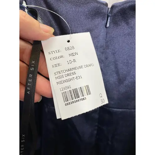 After Six Nwt Charmeuse Stretch Draped Midi Dress 10 Midnight Blue Satin Wrap
