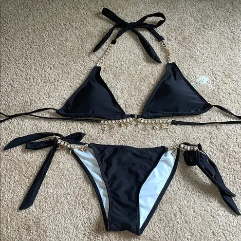 Black Bikini with Gold Chain Accents bling gem pieces size medium scrunch butt