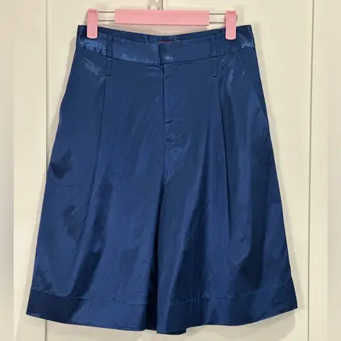 STAUD Noah Satin Bermuda Shorts Pleated High Rise Midnight Blue Knee Length 6