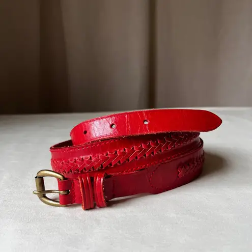 Vintage Liz Claiborne Red Braided Leather Belt Solid Brass Buckle 1.25" Medium