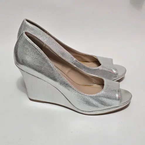 Manhattan Collection Silver Metallic Peep Toe Wedge Heels Size 8