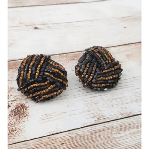 Vintage Clip On Earrings Black & Amber Tone Statement Beaded 1 & 1/8"