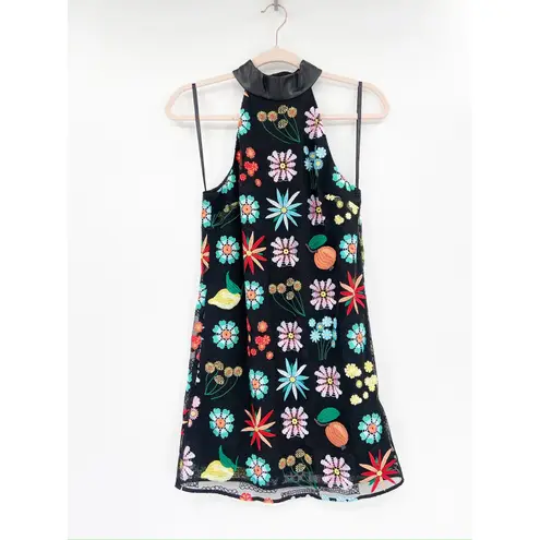 STAUD Sicily Black Flower Fruit Embroidered Sleeveless Shift Mini Dress Sz 0 NWT