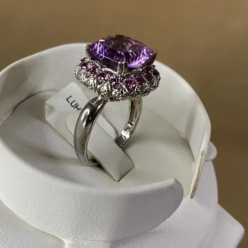 Cushion Purple Fluorite & Rhodolite Garnet Sterling Silver 925 Ring Halo Sz 9