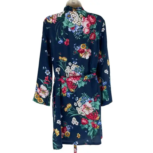 Johnny Was  Evelyn Silk Sleep Robe Floral Print Cozy Navy Blue Size XS