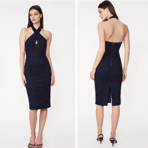 Bardot NWT Riviera Crossover Halter Neck Cutout Corset Dress In Navy