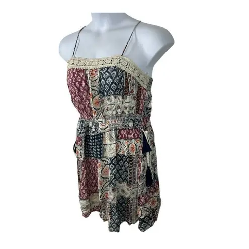 Earthbound Boho Flare Patchwork Mini Sundress Size Large Festival Cottagecore Tan