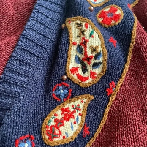 VINTAGE HUNTINGTON RIDGE Grandma fisherman‎ Cardigan Sweater Paisley Pearls Size M