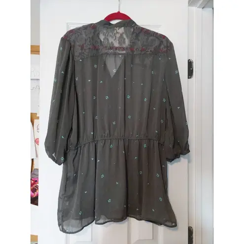 Mossimo Womens Gray Sheer Long Sleeve Tunic With Lace & Patterned Detail Size XL