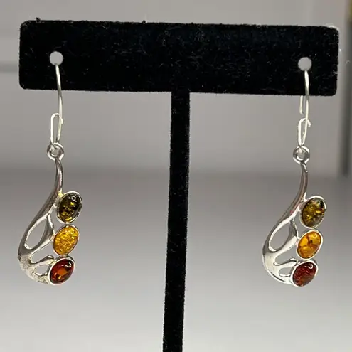 Amber Sterling Silver 925 Drop Earrings Jewelry With Multicolor Oval Cabochons