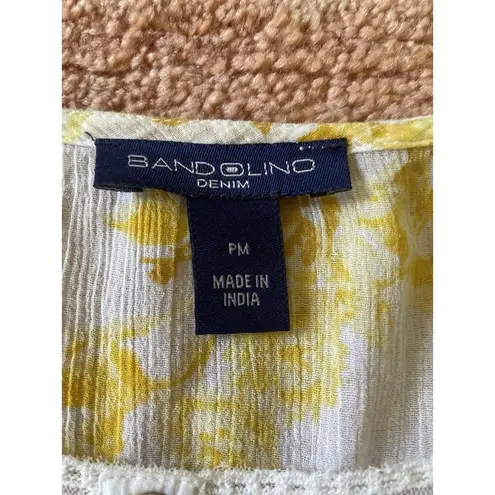 Bandolino Denim blouse PM petite yellow floral boho peasant top crochet trim