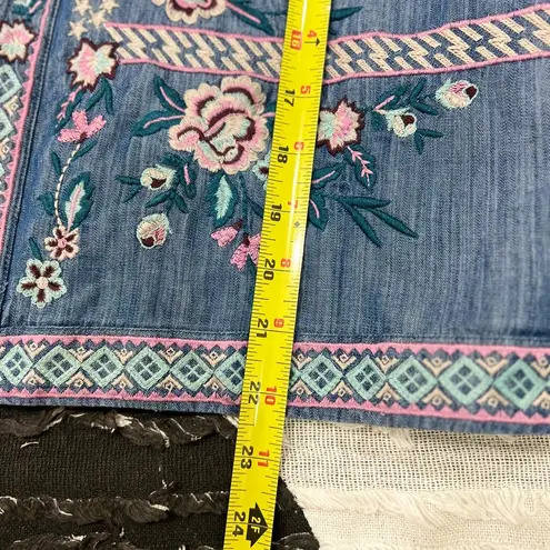 J Jill Floral Embroidered Denim Open Front Jacket Women’s Sz S Boho Hippie EUC Blue