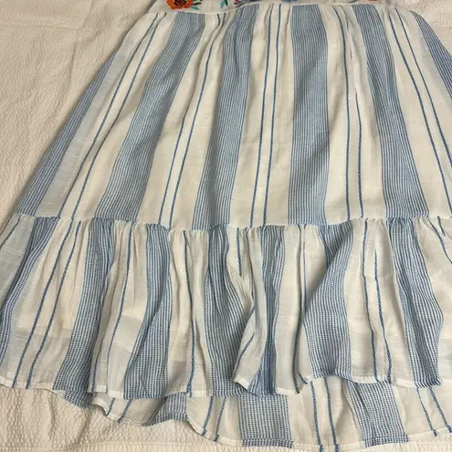 By the River Floral Embroidered Blue and White striped Dress Sz M Size M