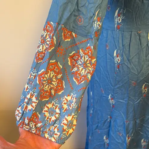 S.L. Fashions Blue Orange Long Sleeve Mandarin Collar Dress Size M