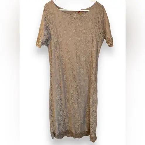 Downeast Womens Tan Motif Embellished Lacey Scoop Neck Midi Dress sz XL Feminine
